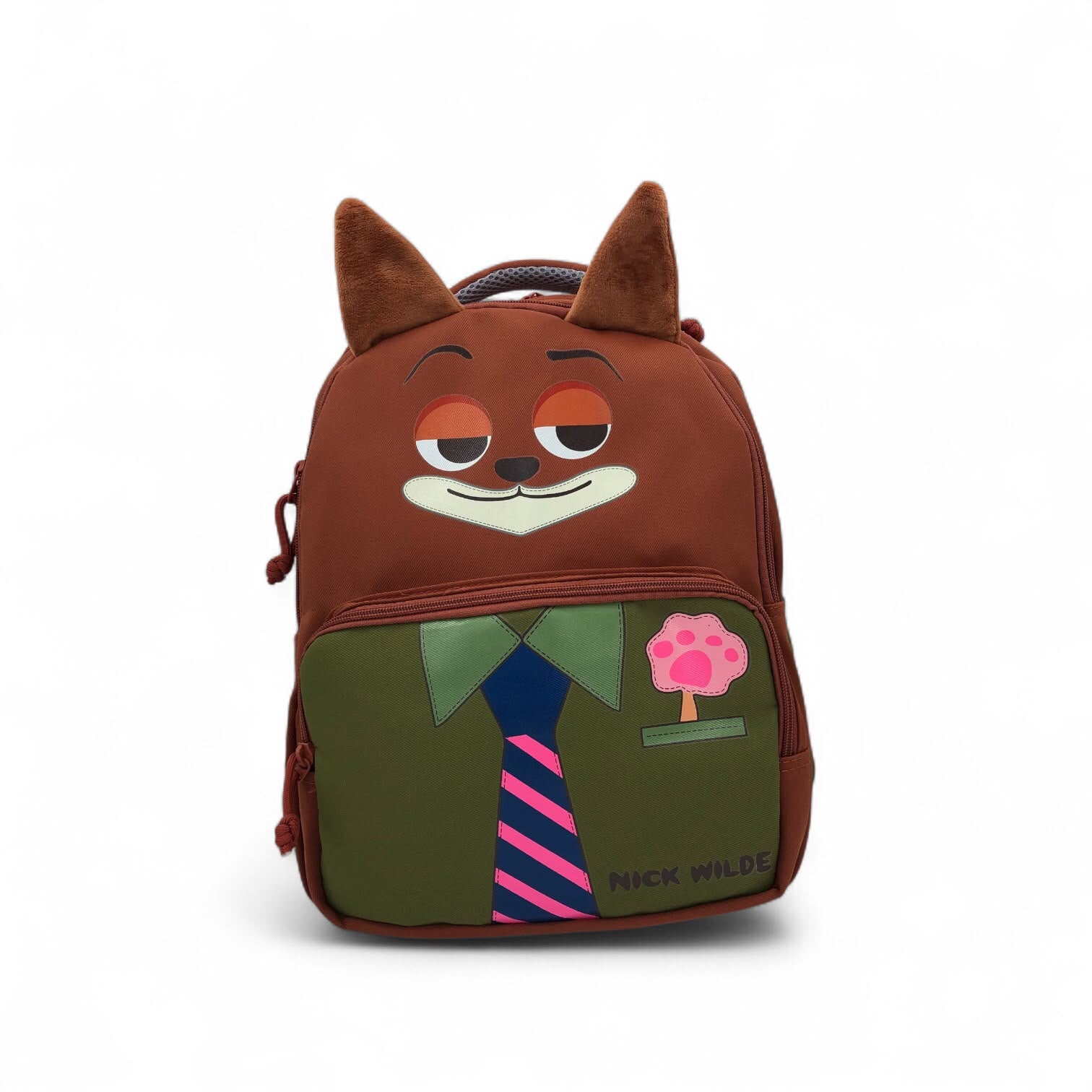 Kids fox-eared backpack front, brown and green with cartoon fox face and 'NICK WILDE'